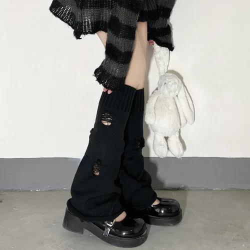 Vista 2 de Calentadores de pierna góticos Acubi Grunge Lolita Invierno Cuff Y2K Harajuku hasta la rodilla calcetines de punto japoneses Preppy Leggings Polainas