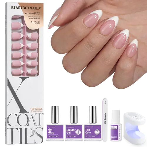 Vista 10 de BTArtboxnails XCOATTIPS - Uñas postizas a presión con punta francesa blanca 01-Kit de squoval extra corto con base rosada