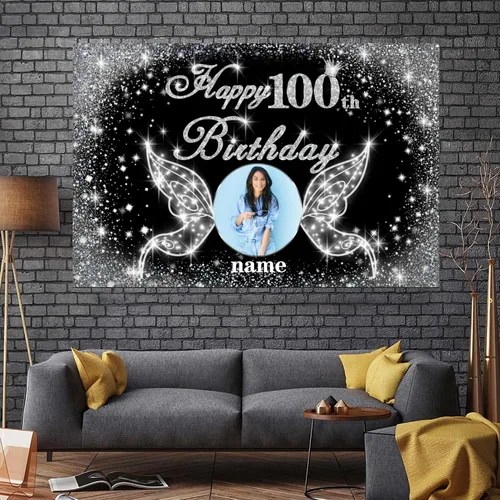 Vista 7 de Cartel personalizado de decoración de fiesta de cumpleaños número 100 - tema de alas de ángel - negro y plateado HY-NLK-100º