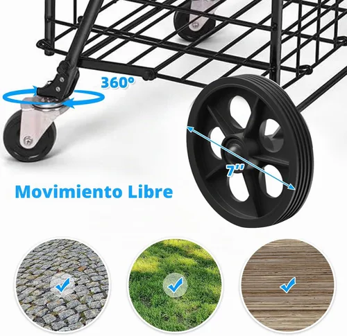 Vista 3 de Carrito de compras plegable con ruedas giratorias de 360°, carrito plegable de 66 libras de capacidad y mango de espuma extendido, para lavandería