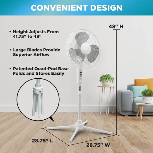 Vista 12 de EZ-Chill Ventilador de pie oscilante de 16 pulgadas, opciones de 3 velocidades, cabezal oscilante de 90 grados, altura y inclinación ajustables