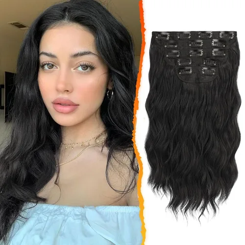 Vista 35 de BARSDAR Extensiones de cabello ondulado con clip negro marrón - 14 pulgadas, extensiones de cabello corto ondulado con clip para mujer - 5 piezas