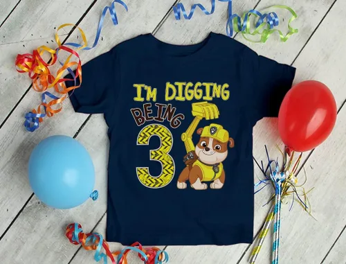 Vista 4 de Rubble Paw Patrol - Camiseta de 3er cumpleaños Regalo divertido para niños de 3 años Camiseta de fiesta temática de excavación para niños pequeños