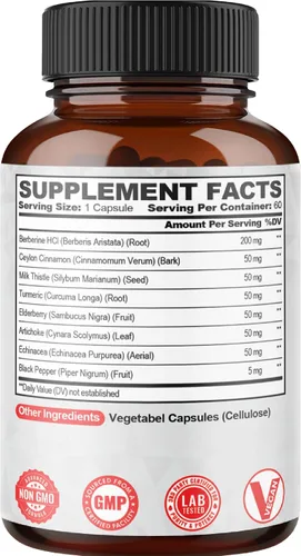 Vista 8 de Suplemento de berberina con Ceilán, cardo mariano, cúrcuma, saúco y más – Apoyo inmunológico, cardiovascular y gastrointestinal – 60