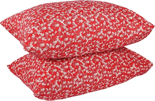 Vista 2 de Juego de 2 fundas de almohada rojas, 100% algodón estampado de hojas con cierre de sobre, tamaño Queen