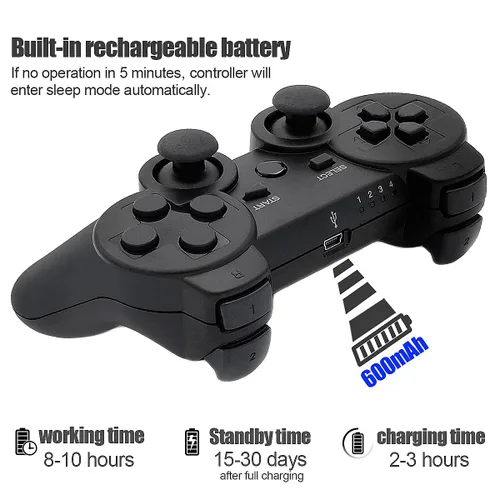 Vista 3 de Dimrda PS3 Controller Wireless PS3 Remote Controller for Play-station 3 Controller Game Joystick with Charging Cables Black 2 Pack