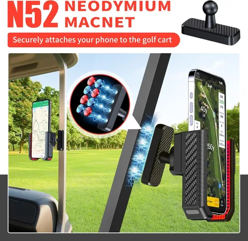 Vista 2 de Soporte magnético para carrito de golf [compatible con teléfonos grandes] - Soporte de teléfono giratorio de 360° compatible con iPhone, Samsung