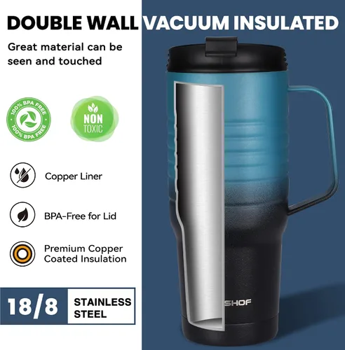 Vista 4 de HAUSHOF Taza de viaje de 24 oz con asa, taza de café de viaje con aislamiento al vacío de acero inoxidable, tazas de viaje de doble pared con tapa a