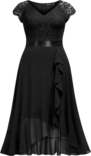 Vista 5 de Miusol Vestido largo de dama de honor elegante con cuello en V y encaje floral y dobladillo asimétrico para mujer