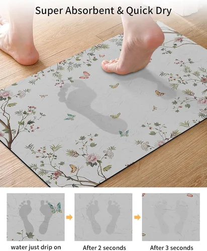 Vista 3 de Tapete de baño con diseño de árbol de flores, antideslizante, de secado rápido y absorbente, tierra de diatomeas, cocina, ducha, fregadero, lavable