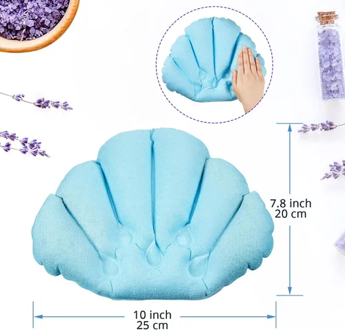 Vista 2 de Almohada inflable de baño de 3 piezas con ventosas, cubierta de tela de rizo en forma de concha para bañera o spa, cojín cómodo y suave, soporte