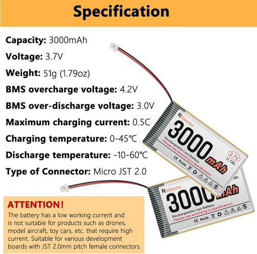Vista 3 de Batería recargable de 3.7V 3000mAh 1S 1C LiPo Batería para ESP32, Raspberry Pi, IoT, altavoz y dispositivo inalámbrico con placa de protección