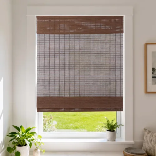 Vista 16 de Cortinas Letau de madera, estilo romano, para ventanas, con cenefa, filtran la luz Marrón almendra