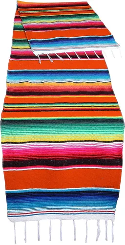Vista 10 de Camino de mesa colorido a rayas fabricado en México 83x14 pulgadas.
