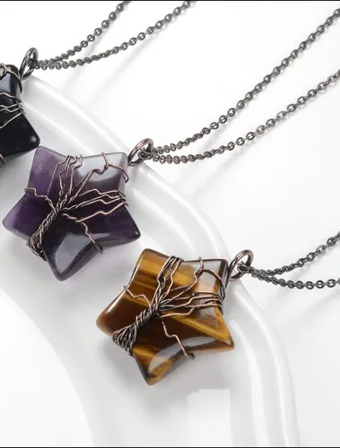 Vista 3 de Collar con colgante de estrella de cristal envuelto en alambre de árbol de la vida, collar de piedra curativa Reiki, joyería para mujer