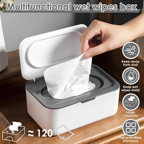 Vista 3 de Paquete de 2 dispensadores de toallitas para bebé, dispensador de toallitas para baño, diseño de sellado que mantiene fresco, fácil abierto, a