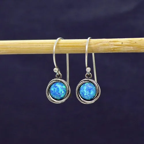 Vista 6 de Opal Earrings, Sterling Silver Dangle Earrings for women, Small round Blue Opal silver dangle earring, October Birthstone, Simple Opal earrings