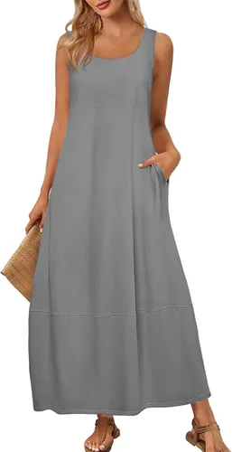 Vista 15 de Vestidos de iglesia para mujer 2025, casual, holgado, sin mangas, largo, fluido, vestido de verano con bolsillos