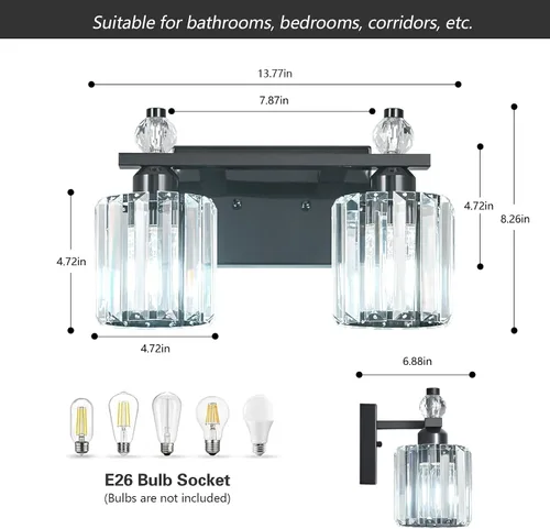 Vista 4 de Luces de Tocador de Baño 2-Luz Placado Negro Iluminación Moderna de Cristal para Tocador sobre Espejo Accesorios de Iluminación de Tocador