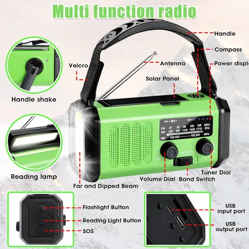 Vista 6 de Radio de emergencia con manivela de 10000 mAh, radio meteorológica NOAA con radio AM/FM y solar, batería recargable, linterna y luz de lectura