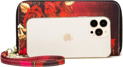 Vista 28 de Cartera de mano para mujer, estilo bohemio, con RFID, elegante, espaciosa con correa para viajes, capacidad para tarjetas, teléfono, dinero