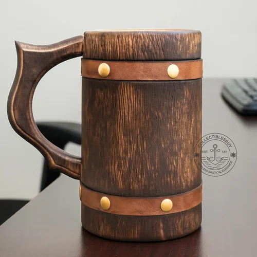 Vista 6 de collectiblesBuy Taza de cerveza de madera medieval rústica, hecha a mano, jarra vintage para cerveza, café y aguamiel, regalo ecológico