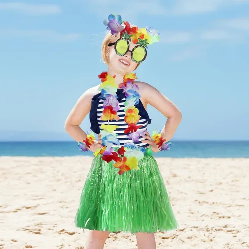 Vista 5 de Paquete de 8 faldas de hierba de bailarina hawaiana, falda de baile de hula con accesorio de disfraz de flores, disfraz hawaiano de fiesta de hula