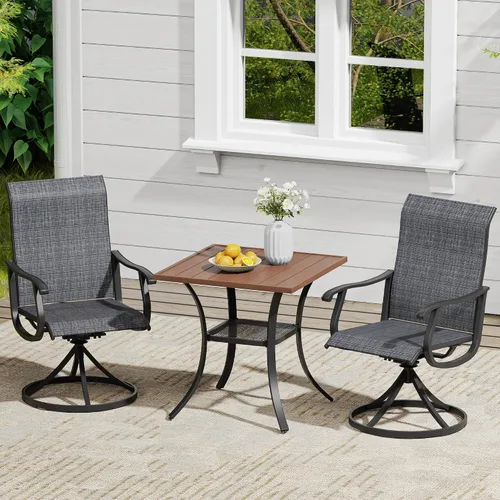 Vista 16 de VICLLAX Muebles pequeños de exterior de 3 piezas, 2 sillas giratorias de patio y mesa redonda pequeña para 2, sillas de carbón oscuro y negro