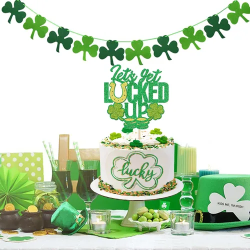 Vista 7 de Juego de 1 palillos para tartas de trébol, decoración de trébol con purpurina verde dorada para cumpleaños, baby shower, suministros de fiesta