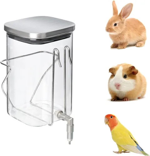 Vista 6 de Botella de agua para mascotas de acero inoxidable y vidrio de alta calidad, dispensador sin goteo para conejos, loros, roedores, 3 opciones