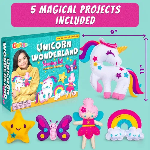 Vista 2 de Kit de Costura de Unicornio Mágico para Niñas de 7+ - Crea 5 Adorables Animales de Fieltro y una Almohada Acogedora - Manualidades DIY Divertidas