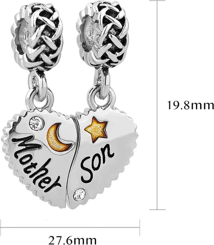 Vista 2 de Abalorio colgante para madre e hijamadre e hijo con forma de corazón, luna y estrella, compatible con pulseras Pandora