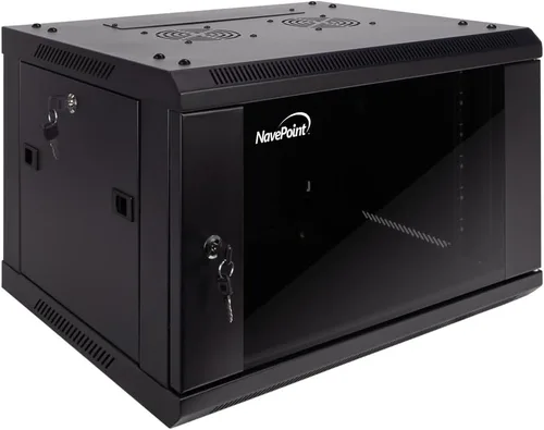 Vista 5 de NavePoint 6U gabinete de servidor para montaje en pared con estantes y puerta de vidrio con llave, incluye 2 ventiladores, paneles laterales