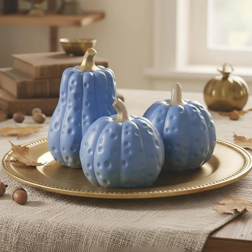 Vista 4 de Yookeer 3 piezas de decoración de calabaza de otoño de Acción de Gracias de resina azul dorado calabazas decorativas de otoño de Acción de Gracias