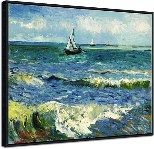 Vista 17 de Wieco Art Arte enmarcado negro paisaje marino en Saintes Maries por Vincent Van Gogh pinturas al óleo Reproducción modernas impresiones en lienzo