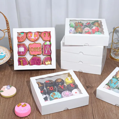Vista 8 de RomanticBaking 15 cajas de panadería de 8 x 8 x 2 pulgadas con ventana, cajas de galletas cubiertas de chocolate, caja de fresas para panadería