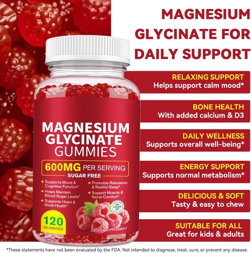 Vista 5 de Gomitas de glicinato de magnesio de 600 mg, suplemento de magnesio de alta absorción para mujeres, hombres y niños, apoyo muscular, sueño