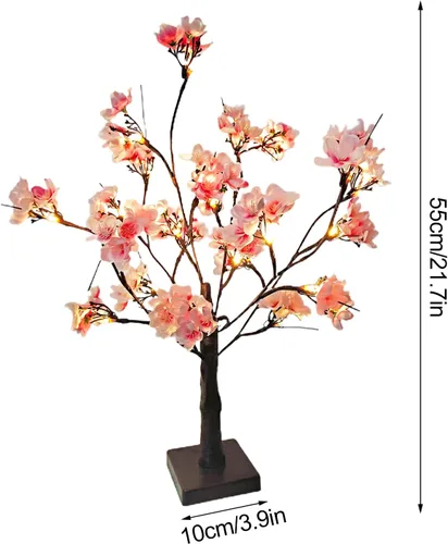 Vista 5 de Árbol de cerezo iluminado, 21.7 pulgadas, 24 luces LED artificiales de mesa de cerezo bonsái, funciona con pilas, decoración de árbol de flores