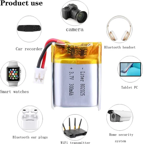 Vista 5 de Batería recargable de iones de polímero de litio de 3,7 V 300 mAh 802025 Lipo con conector JST PH 0.079 in