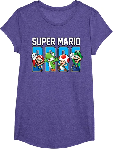 Vista 21 de Super Mario Bros Characters Letter Fill Graphic T-Shirt Camiseta, Negro