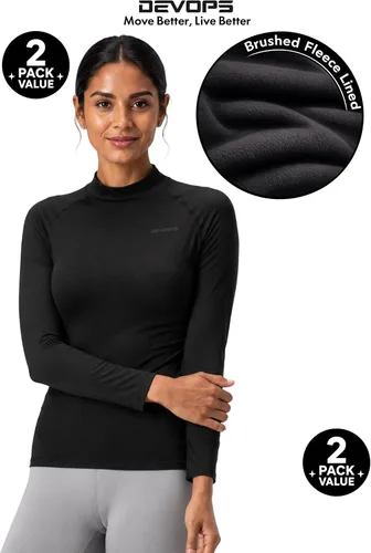 Vista 9 de DEVOPS Paquete de 2 camisetas térmicas de cuello alto de manga larga de compresión para mujer capa base negro / negro