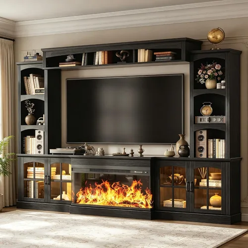 Vista 16 de MXV - Soporte de chimenea para TV de 59 pulgadas, centro de entretenimiento estilo granja con soporte de TV de 3 lados de vidrio, consola multimedia
