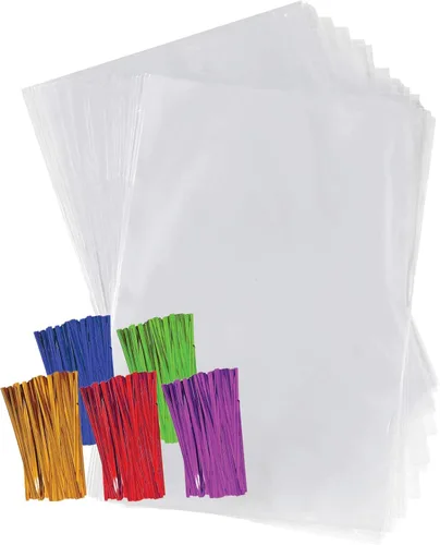 Vista 6 de Bolsas de celofán de plástico transparente de Purple Q Crafts con lazos de torsión de 4 pulgadas, coloreados para regalo o uso en fiestas