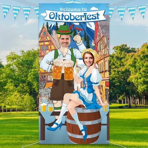 Vista 4 de Blulu Decoraciones de fiesta de Oktoberfest para fiesta de Oktoberfest, accesorios de fotos de tela gigante, fondo de cabina de fotos, suministros