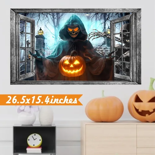 Vista 8 de Decoración de pared de Halloween, calcomanías de Halloween 3D para ventana falsa, despegar y pegar, calabazas, esqueleto, murales artísticos