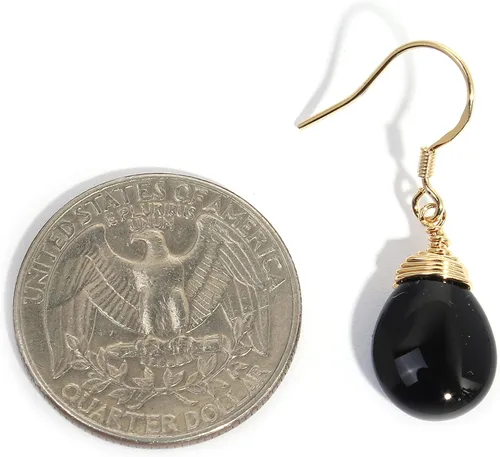 Vista 3 de Scutum Craft Aretes colgantes de piedras preciosas naturales auténticas con envoltura de alambre chapado en oro amarillo de 14 quilates y gancho