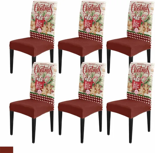 Vista 15 de YOKOU Juego de 4 fundas elásticas para sillas de comedor, diseño de copos de nieve, estrellas, fondo rojo, invierno, fundas protectoras extraíbles