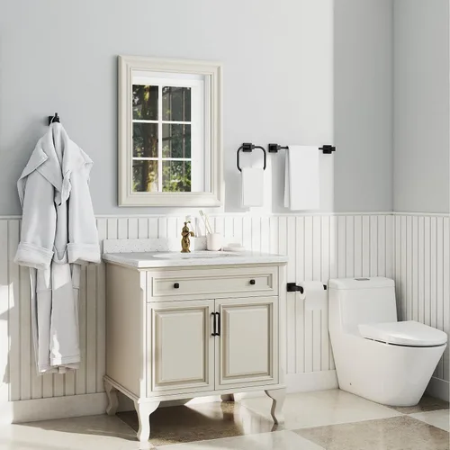 Vista 5 de Juego de 4 accesorios de baño negro mate, juego de toallas de baño de 16 pulgadas con soporte para papel higiénico, toalleros de acero inoxidable