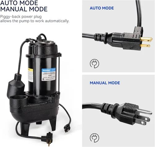 Vista 5 de Acquaer 3/4HP Bomba sumergible de efluentes de aguas residuales, hierro fundido, interruptor de flotador automático amarrado de 115V 6400 GPH, bomba