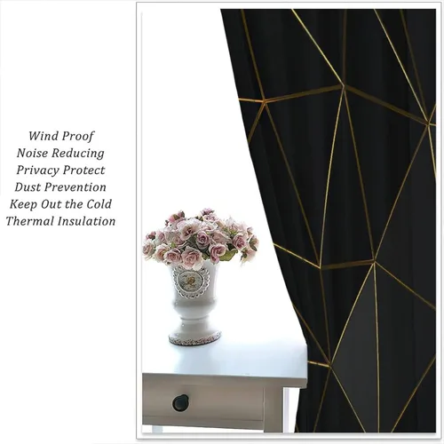 Vista 126 de Cortinas Negras con Dobladillo Dorado, Cortinas Opacas con Bolsillo para Barra con Estampado de Rayas de Foil en Onda Dorada para Decoración de Negro
